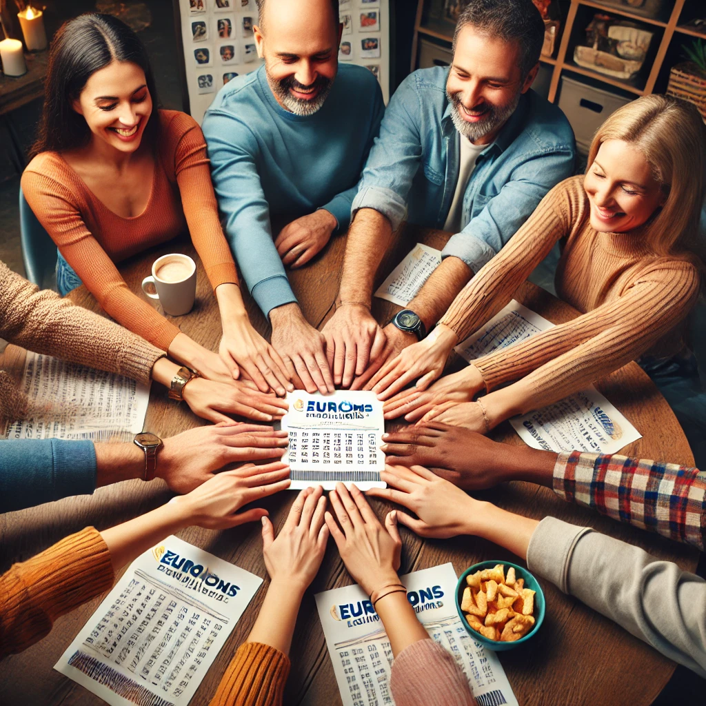 Dall·e 2024 09 08 11.56.03 A Group Of Several People Sitting Around A Table, Each Person Holding Onto The Same Single Euromillions Lottery Ticket With Their Hands Together On It