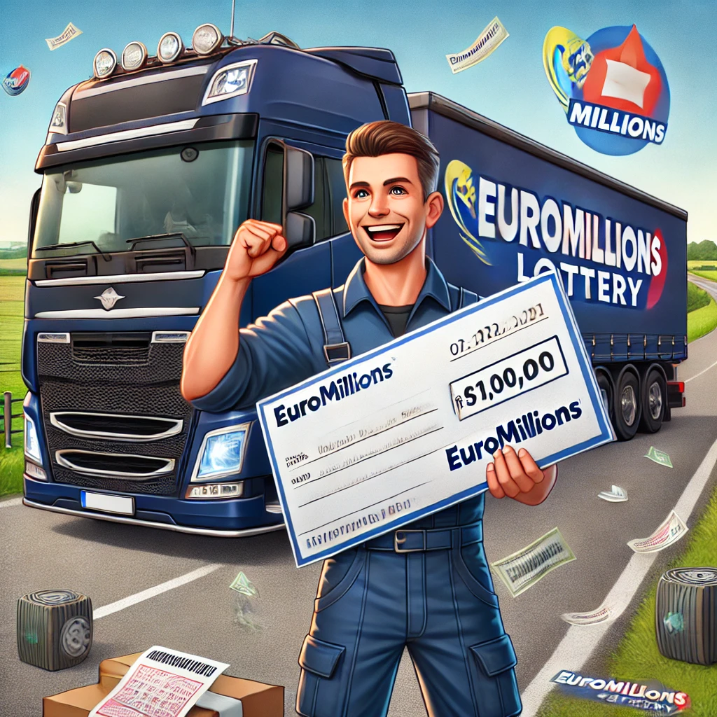 Dall·e 2024 09 08 12.32.15 A Scene Depicting A British Truck Driver Winning The Euromillions Lottery. The Driver Is Standing In Front Of A Large, Modern Truck, Holding A Large L